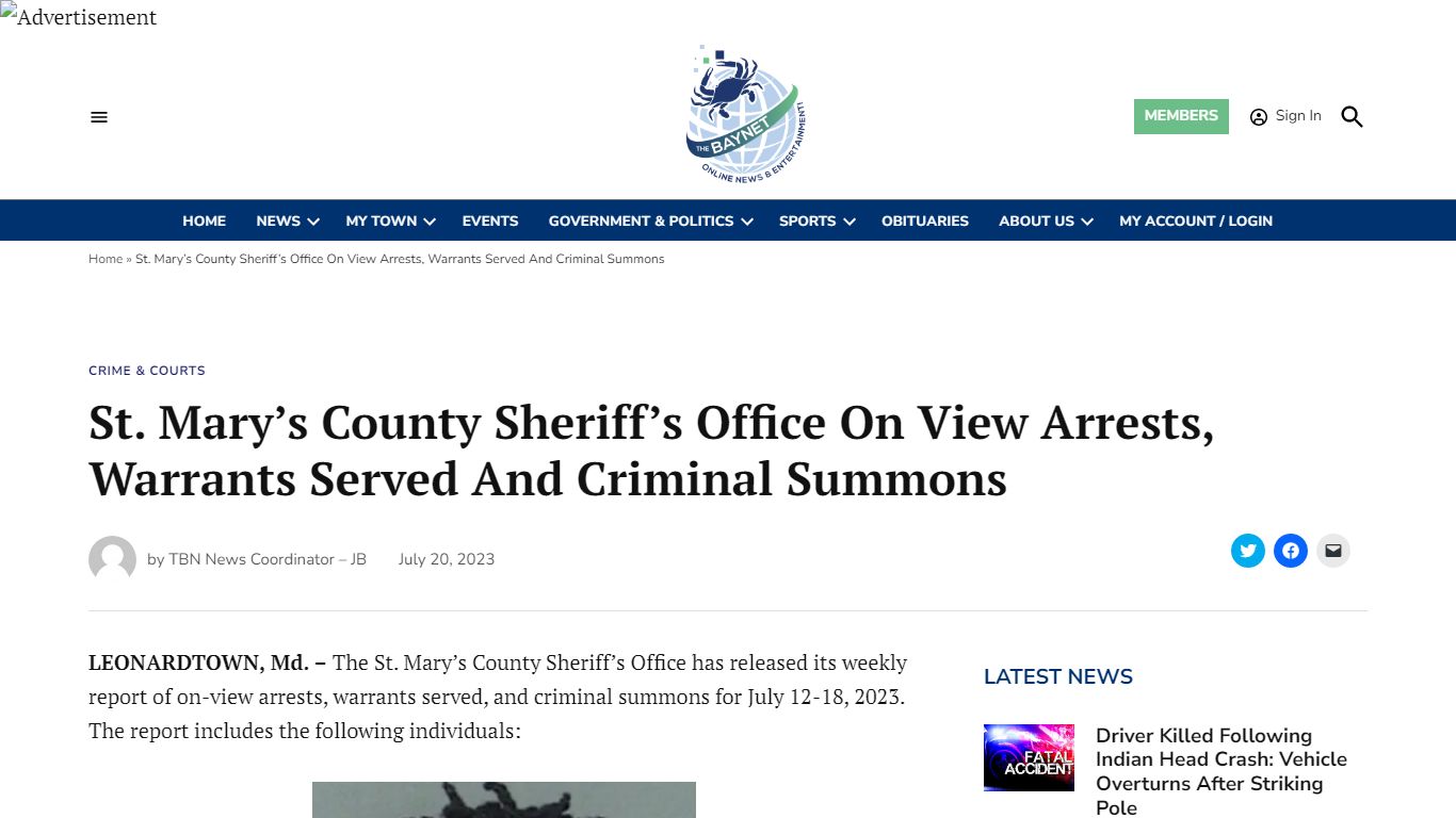 St. Mary's County Sheriff's Office On View Arrests ... - The BayNet