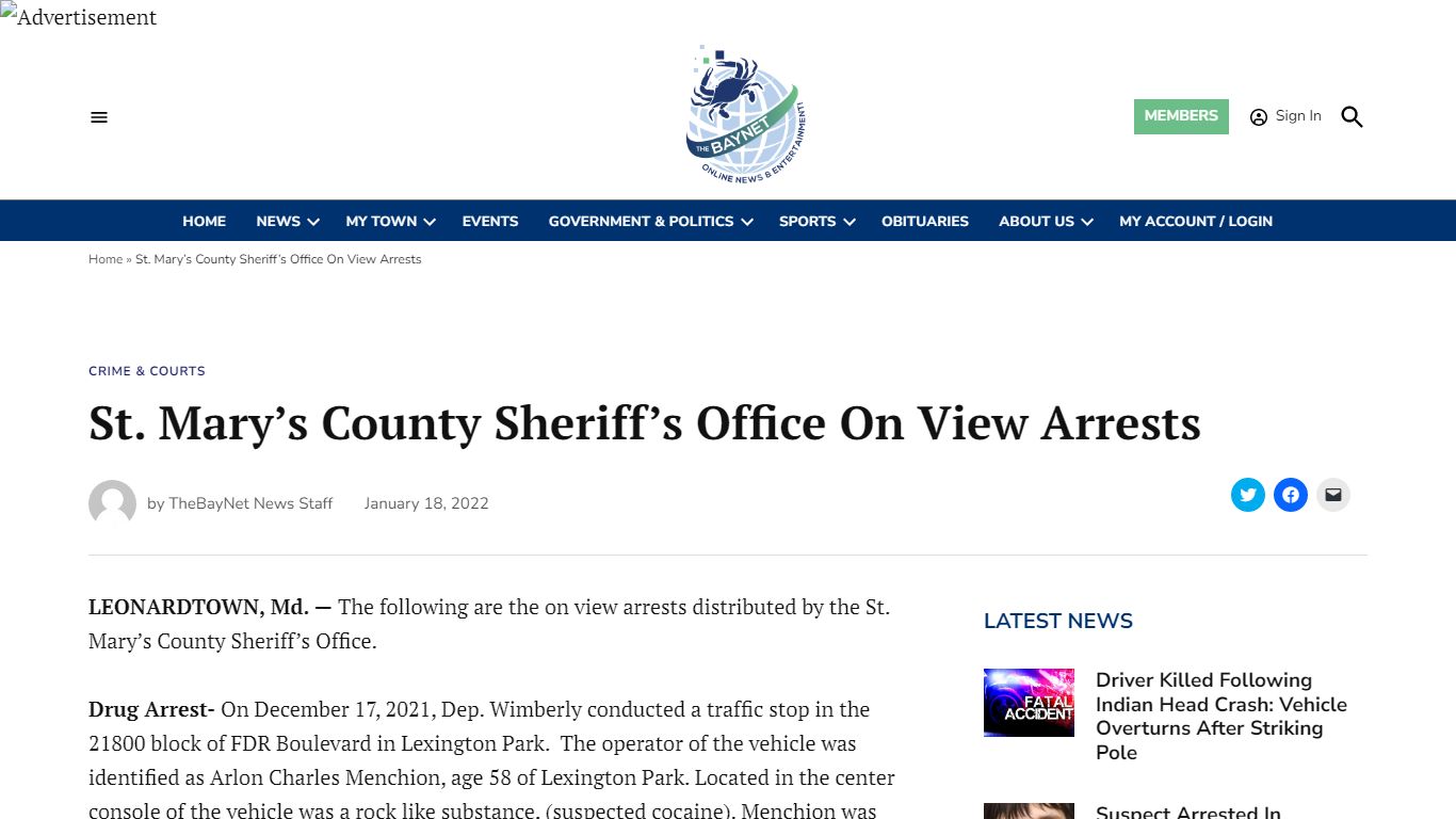 St. Mary's County Sheriff's Office On View Arrests - The BayNet